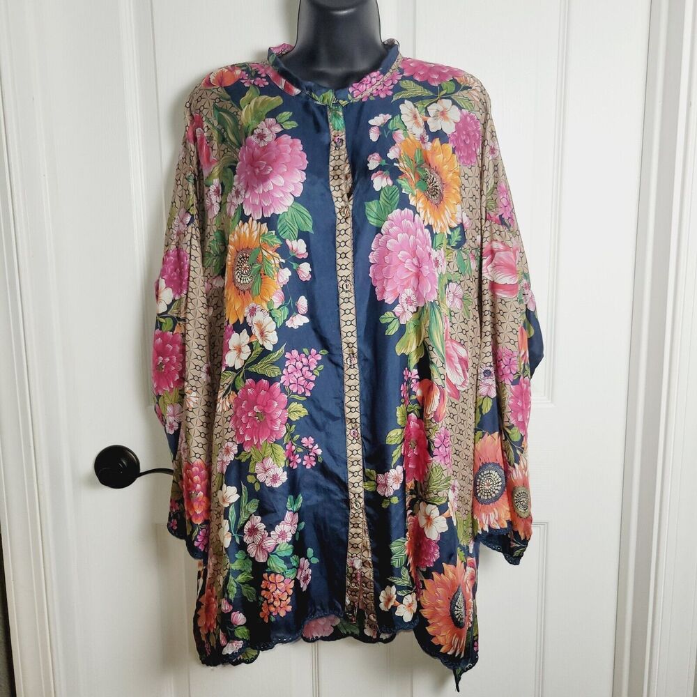 Johnny Was Navy Hot Pink Floral SILK Kimono Blouse
